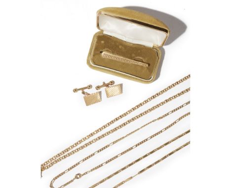 A collection of jewelleryto include a fancy link neck chain stamped 9k, two further unmarked yellow metal neck chains, a pair