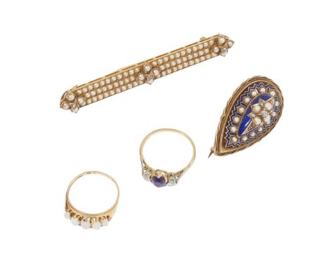 A collection of gem set jewelleryto include a three stone amethyst and diamond set ring, indistinctly marked; a five stone op
