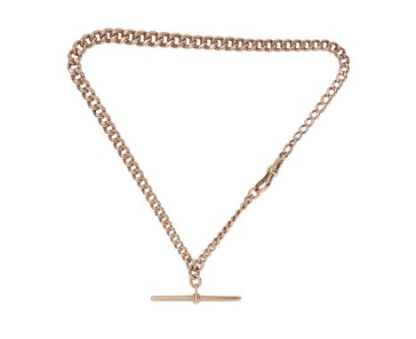 A 9ct rose gold Albert chaincomposed of graduated curb links, with T-bar suspensionLength: 35cm, weight: 33.5g