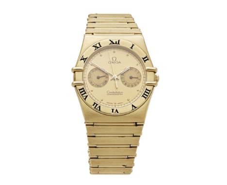 A gentleman's 18ct gold wrist watch, OmegaConstellation Chronometer, champagne coloured dial, with sweep second hand, subsidi