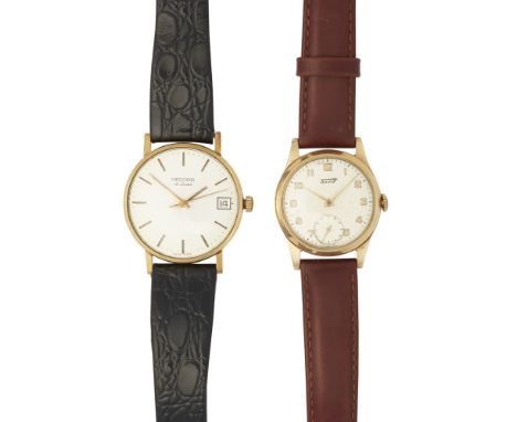 A gentleman's 9ct gold cased wrist watch, Recordmid-20th century, brushed silvered dial with sweep second hand, baton indicat