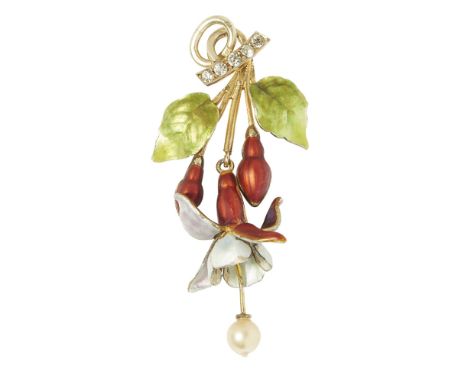 A gilt enamel and gem set floral pendantmodelled as a fuchsia in bloom in enamel and gilt metal, suspending a small cultured 