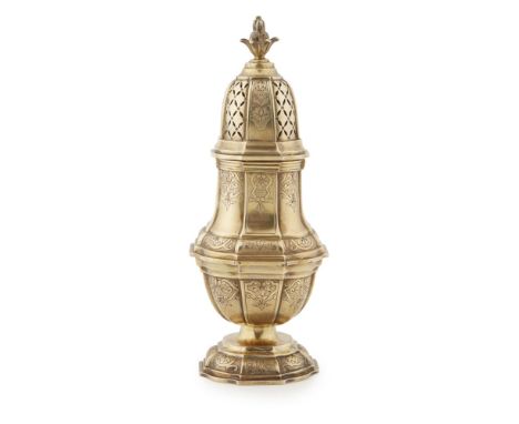 A French silver gilt sugar casterParis circa 1900, of shaped octagonal baluster form, chased and engraved decoration in the l