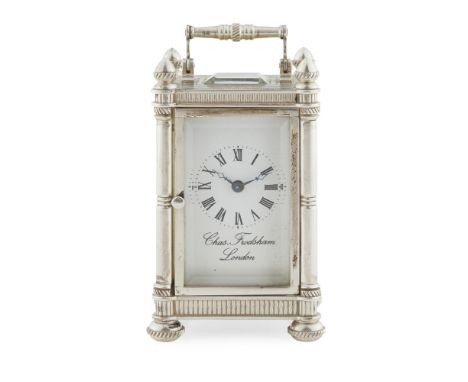 A modern silver cased carriage clock, Charles FrodshamTC, London 1979, of traditional form, drop down handle, turned finials,