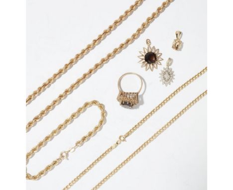 A collection of gold and gem set jewelleryto include a 9ct gold rope-twist necklace and matching bracelet; a 9ct gold flatten