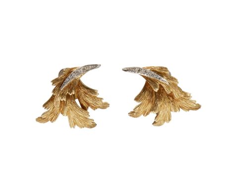 A pair of 18ct gold diamond set earringseach modelled as a yellow gold spray of leaves of textured finish, set with small rou