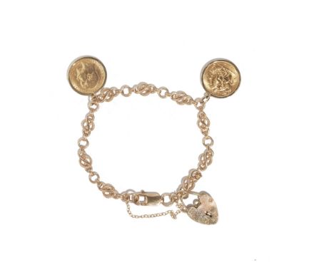 A 9ct gold braceletcomposed of fancy scrolling links, to a heart-shaped padlock clasp, suspending a 1907 and a 1914 half sove