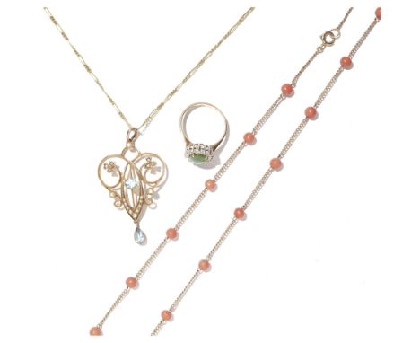 A collection of gem set jewelleryto include an Edwardian seed pearl and aquamarine set pendant, to a figaro link chain, stamp