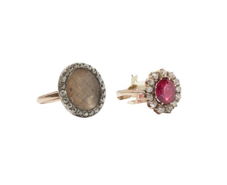 A diamond set momento mori ringthe central oval plaque with plaited hair in a border of old-cushion cut diamonds, to a plain 