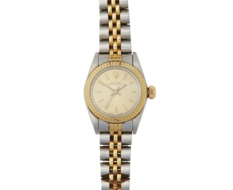 A lady's stainless steel and gold wrist watch, RolexOyster Perpetual, gold coloured dial, sweep second hand, gold bezel and b