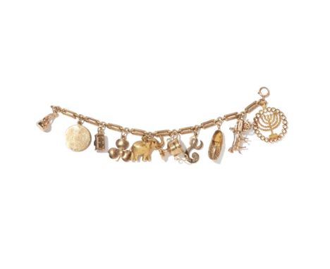 A 9ct gold charm braceletcomposed of fancy links, suspending various charms, including an Indian slipper, an elephant, a trop