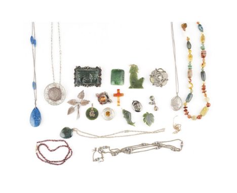 A collection of gem set jewelleryto include a facetted garnet bead necklace, a Russian gilt and cloisonne enamel necklace wit