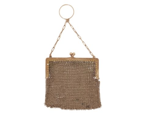 A small 9ct gold mesh link pursewith square cantle and snap fastening, suspended from an oval belcher link chain and 9ct band