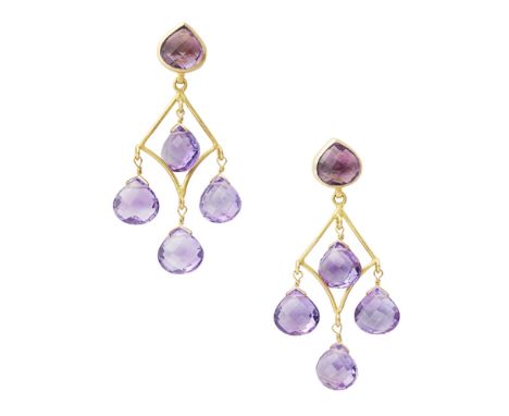 A pair of amethyst pendant earringseach collet set with a mixed pear cut amethyst, suspending four similar amethyst drops fro