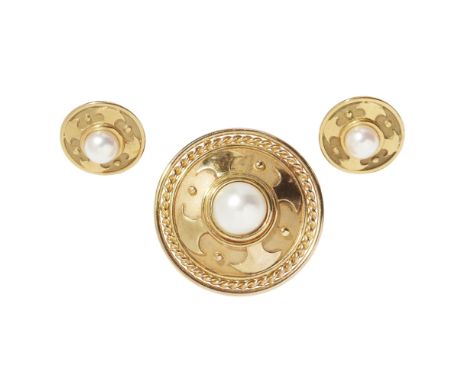 A 9ct gold and pearl set brooch and earringsthe brooch of circular design, collet set with a single bouton pearl in the centr