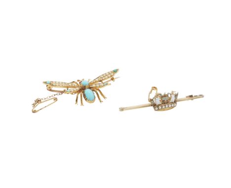 Two gem set broochesthe first modelled as a winged-bug, set with seed pearls, turquoise cabochons and small round cut garnets