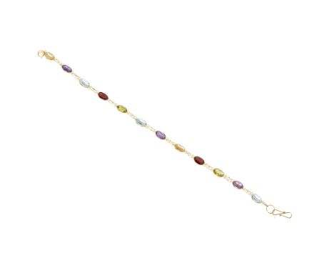 A multi-gem set braceletcomposed of a single strand of collet set oval and round cut gems, including citrine, peridot, aquama