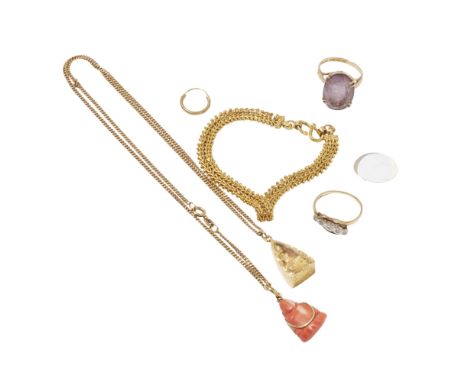 A collection of jewelleryto include a 9ct gold amethyst set cocktail ring, a 15ct gold ruby set ring (three gemstones deficie