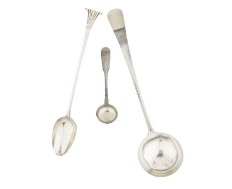 A George III soup ladleJames Gordon, Edinburgh 1774, of Old English pattern, deep bowl; together with a basting spoon, Willia