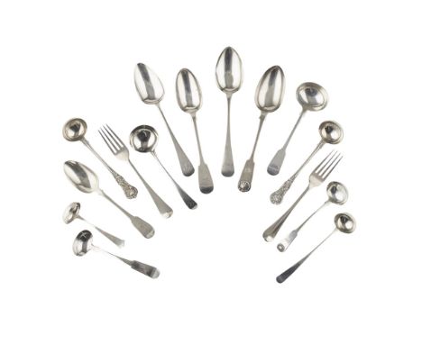 A collection of miscellaneous flatwareto include; eleven various 18th and 19th century table spoons, various dates, maker's a