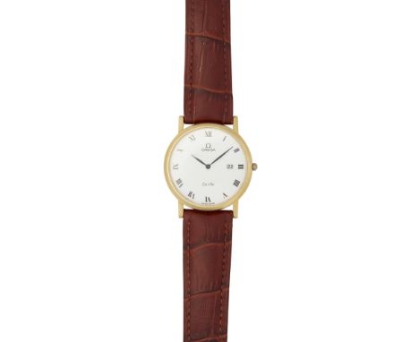 An 18ct gold cased wrist watch, OmegaDe Ville, Ref. 7310 23, plain yellow gold case, white dial, Roman numerals with date, sn