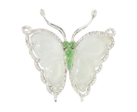 A multi-gem set pendantmodelled as a butterfly, the body and wings modelled in green and pale-green jade, in a border of smal