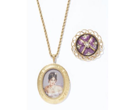 An 18ct gold portrait pendantthe oval hand-painted portrait of a lady with applied paste set detail, in an engraved 18ct gold