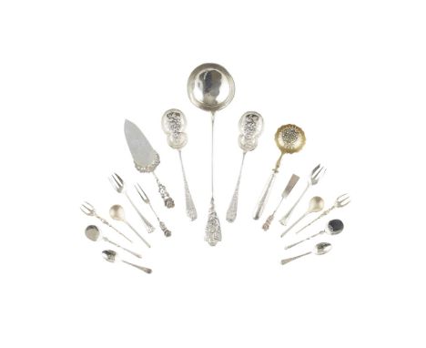 A collection of continental flatwareto include, a French soup ladle with embossed floral terminal; a French sifter spoon with
