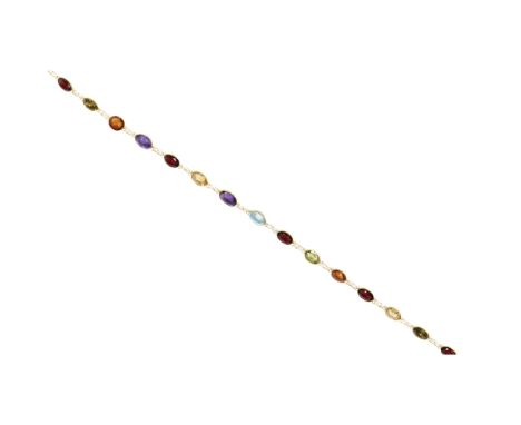 A multi-gem set necklacecomposed of a single strand of collet set oval and round cut gems, including citrine, peridot, aquama