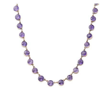An amethyst set necklacecollet set with a single row of round cut amethysts, to a plain clasp; in a fitted box for Wilson &am