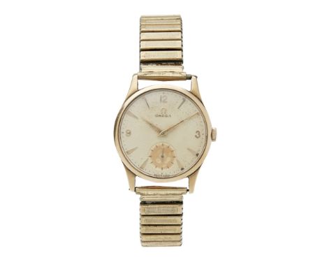 A gentleman's 9ct gold cased wrist watch, Omegaoff white dial, subsidiary seconds dial, plain case, movement Ref. 266, later 