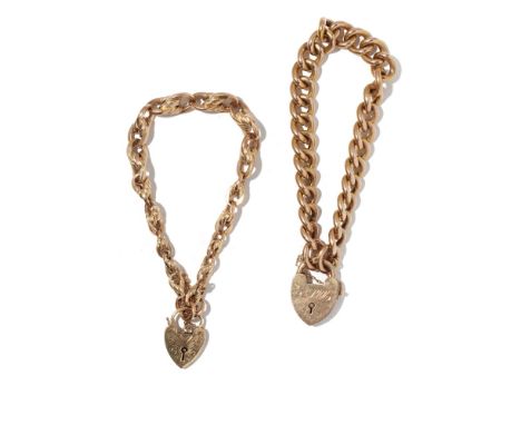 Two 9ct gold lady's braceletsthe first composed of plain hollow-curb links, to a heart-shaped padlock clasp with engraved ini