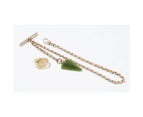 A gentleman's Albertcomposed of belcher links, suspending a T-bar pendant and a polished green hardstone pendant, chain stamp