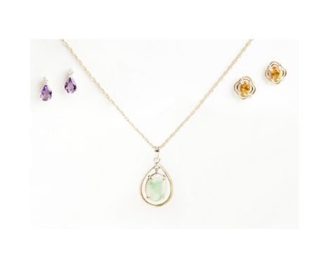 A collection of gem set jewelleryto include a pair of amethyst and diamond set earrings; a jade set pendant necklace, stamped