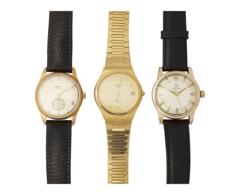 A gentleman's gold cased wrist watch, Alpinaautomatic, silvered dial, sweep second hand, Arabic and dot indicators, subsidiar