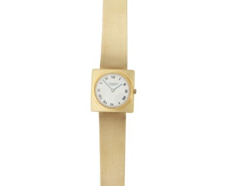 A dress wrist watchUniversal, Genève, probably 1970s, curved square case. white enamel dial, Roman numerals, with an integral