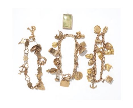 Three charm braceletstwo are composed of 9ct gold fancy links, each suspending various charms including a St Christopher, a l