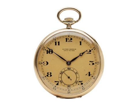 A gentleman's slimline 14k cased pocket watch, Ulysse Nardinthe open faced watch with gold coloured dial, black Arabic numera