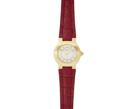 A lady's 18ct gold cased wrist watch, ChaumetStyle De Ronde, plain gold case projecting curved lugs, white dial, gilt Roman n