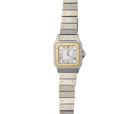 A lady's stainless steel wrist watch, CartierSantos, square stainless steel case gold bezel, sweep second hand, date aperture