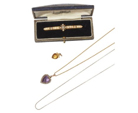 A Victorian seed pearl and diamond set bar broochthe central star motif set with old cut diamonds, the shoulders each set wit