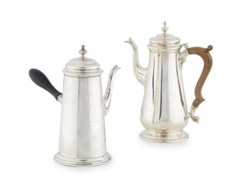 A modern George II style coffee potMappin &amp; Webb Ltd, London 1968, of plain tapering form, curved leaf clasped spout, thr