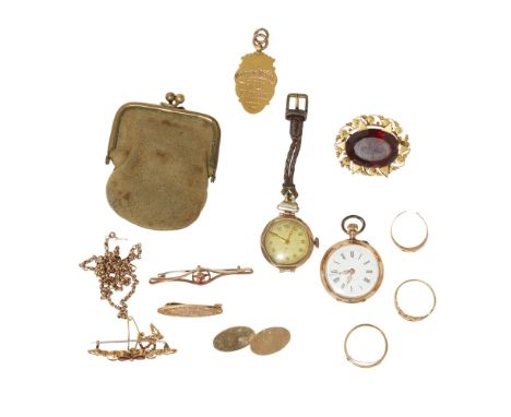 A collection of jewelleryto include a small Victorian fob watch, stamped 585 engine turned case, keyless wind, white dial wit