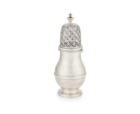 An early 18th century Britannia standard sugar castercirca 1700, makers mark indistinct, of large plain baluster form with mo