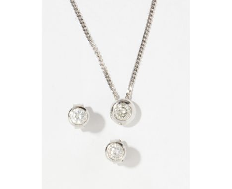 An 18ct gold diamond set pendant and matching ear studsthe pendant collet set with a single round-brilliant cut diamond, to a