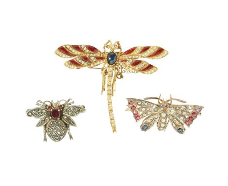 A multi-gem set insect broochmodelled as a butterfly, set throughout with rose cut diamonds, round cut sapphires and rubies a