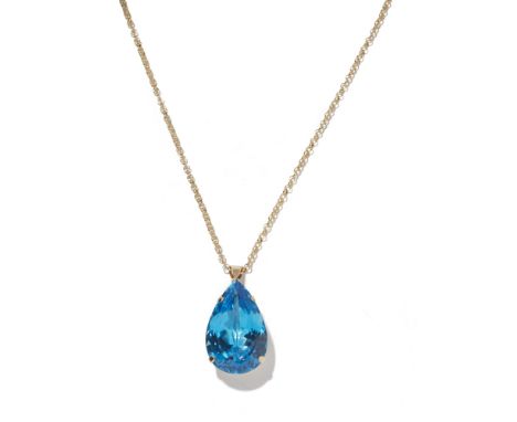 A 9ct gold blue topaz set pendantclaw set with a pear shaped blue topaz, to a plain belcher link chain, stamped 375Length of 