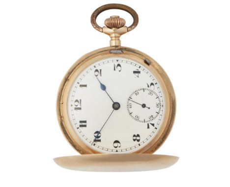 A gold cased pocket watchmarked 14K, full hunting cases, plain, white enamel dial, with Arabic numerals, subsidiary seconds d