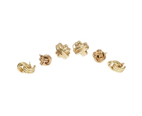 A collection of earringsto include a pair of 9ct gold knotted earrings; a pair modelled as ribbed crosses, stamped 14k, anoth
