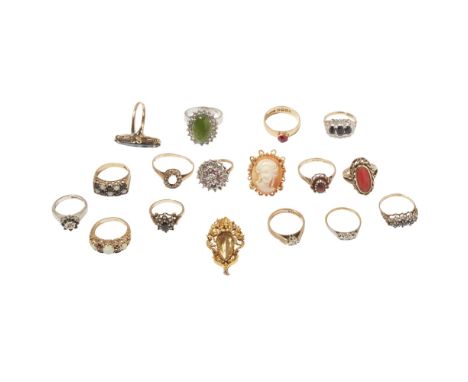 A collection of gem set ringsto include an 18ct gold ruby set ring, an 18ct gold three stone diamond set ring; a 9ct gold cam